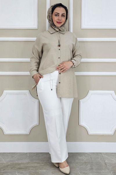 KADIN LİKRALI CEPLİ BELİ BAĞCIKLI PANTOLON EKRU - 44