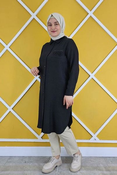 KADIN CEBİ PÜSKÜL DETAYLI TESETTÜR GÖMLEK SİYAH - 3 BEDEN