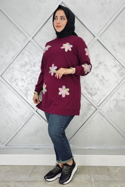 KADIN DİKME ÇİÇEK DETAYLI TESETTÜR TUNİK BORDO - 3 BEDEN