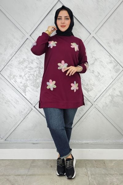 KADIN DİKME ÇİÇEK DETAYLI TESETTÜR TUNİK BORDO - 3 BEDEN