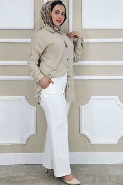 PYS KADIN LİKRALI CEPLİ BELİ BAĞCIKLI PANTOLON EKRU - 48