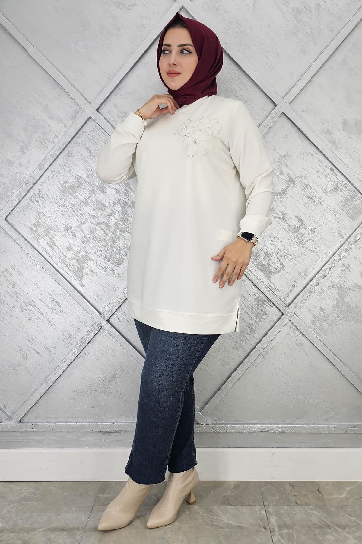 KADIN DİKME ÇİÇEK DETAYLI TESETTÜR TUNİK EKRU - 2XL