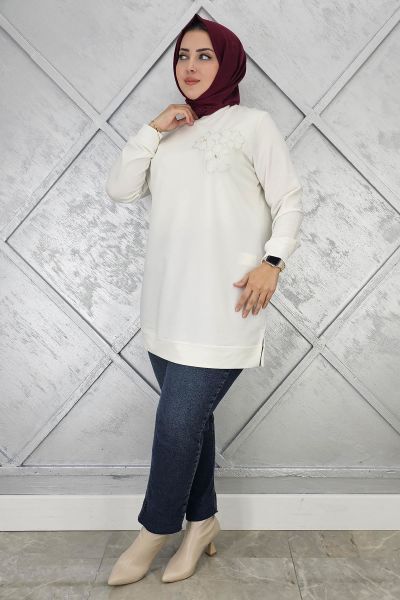 KADIN DİKME ÇİÇEK DETAYLI TESETTÜR TUNİK EKRU - 2XL