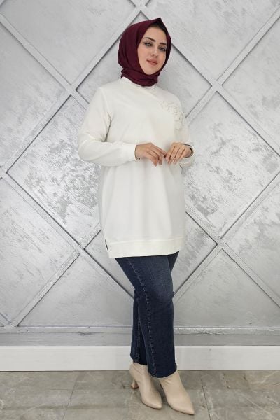 KADIN DİKME ÇİÇEK DETAYLI TESETTÜR TUNİK EKRU - 2XL