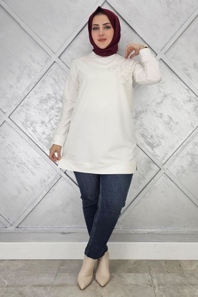 KADIN DİKME ÇİÇEK DETAYLI TESETTÜR TUNİK EKRU - 2XL