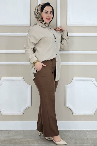 PYS KADIN LİKRALI CEPLİ BELİ BAĞCIKLI PANTOLON KAHVERENGİ - 44