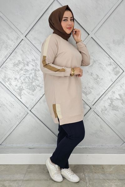 KADIN KOLLARI KOMBİNLİ TESETTÜR TUNİK BEJ - 5 BEDEN