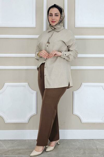 PYS KADIN LİKRALI CEPLİ BELİ BAĞCIKLI PANTOLON KAHVERENGİ - 50