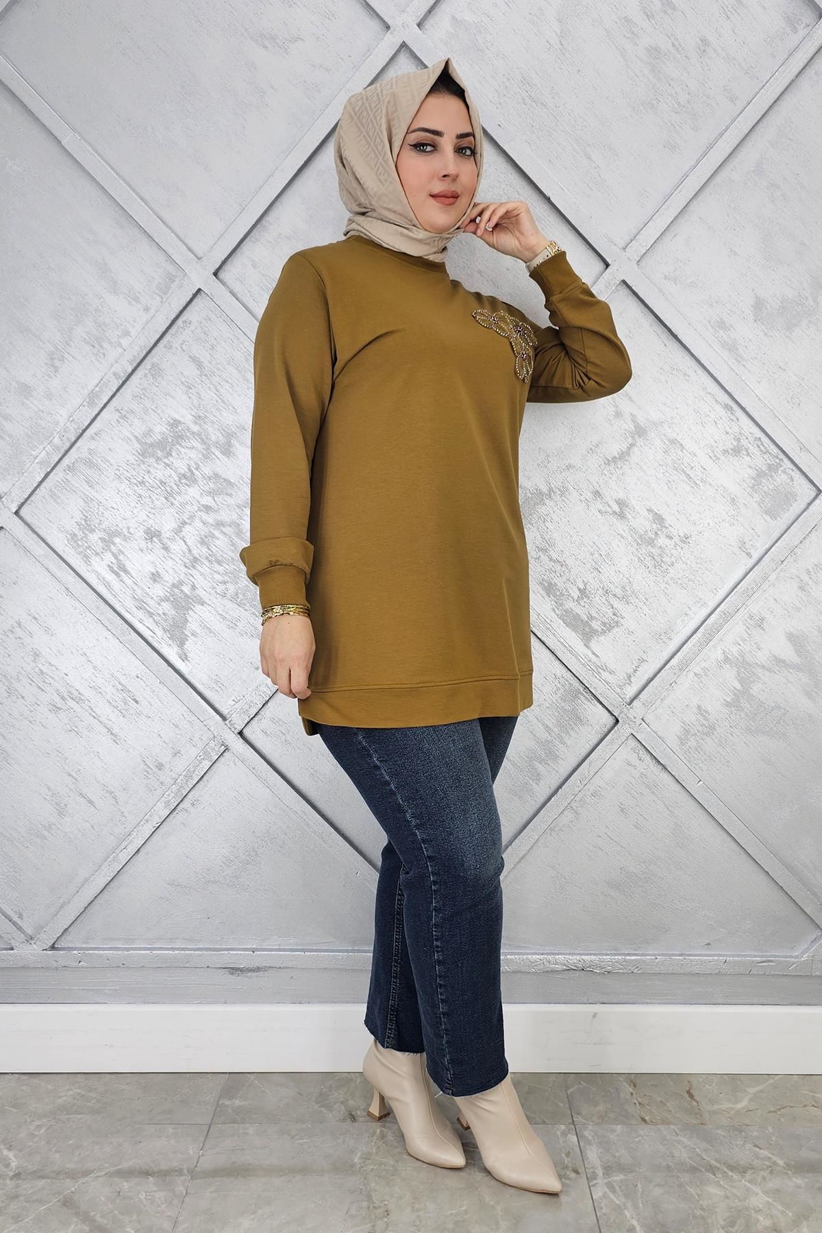 KADIN DİKME ÇİÇEK DETAYLI TESETTÜR TUNİK YAĞ YEŞİLİ - L