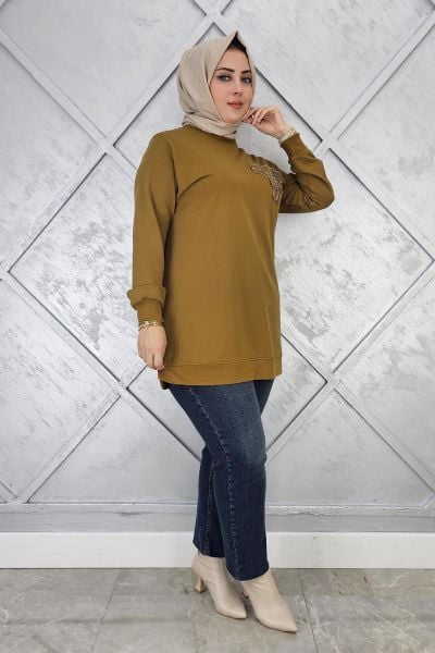 KADIN DİKME ÇİÇEK DETAYLI TESETTÜR TUNİK YAĞ YEŞİLİ - L