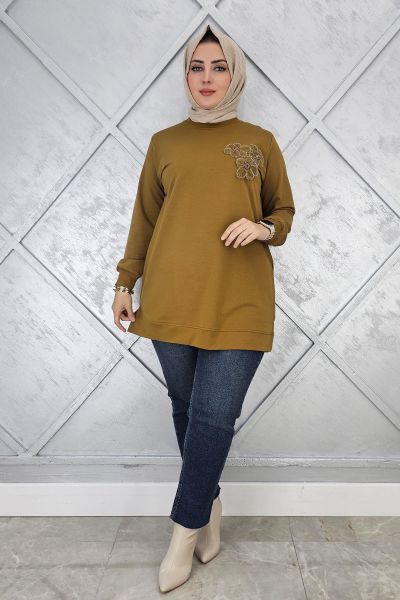 KADIN DİKME ÇİÇEK DETAYLI TESETTÜR TUNİK YAĞ YEŞİLİ - L