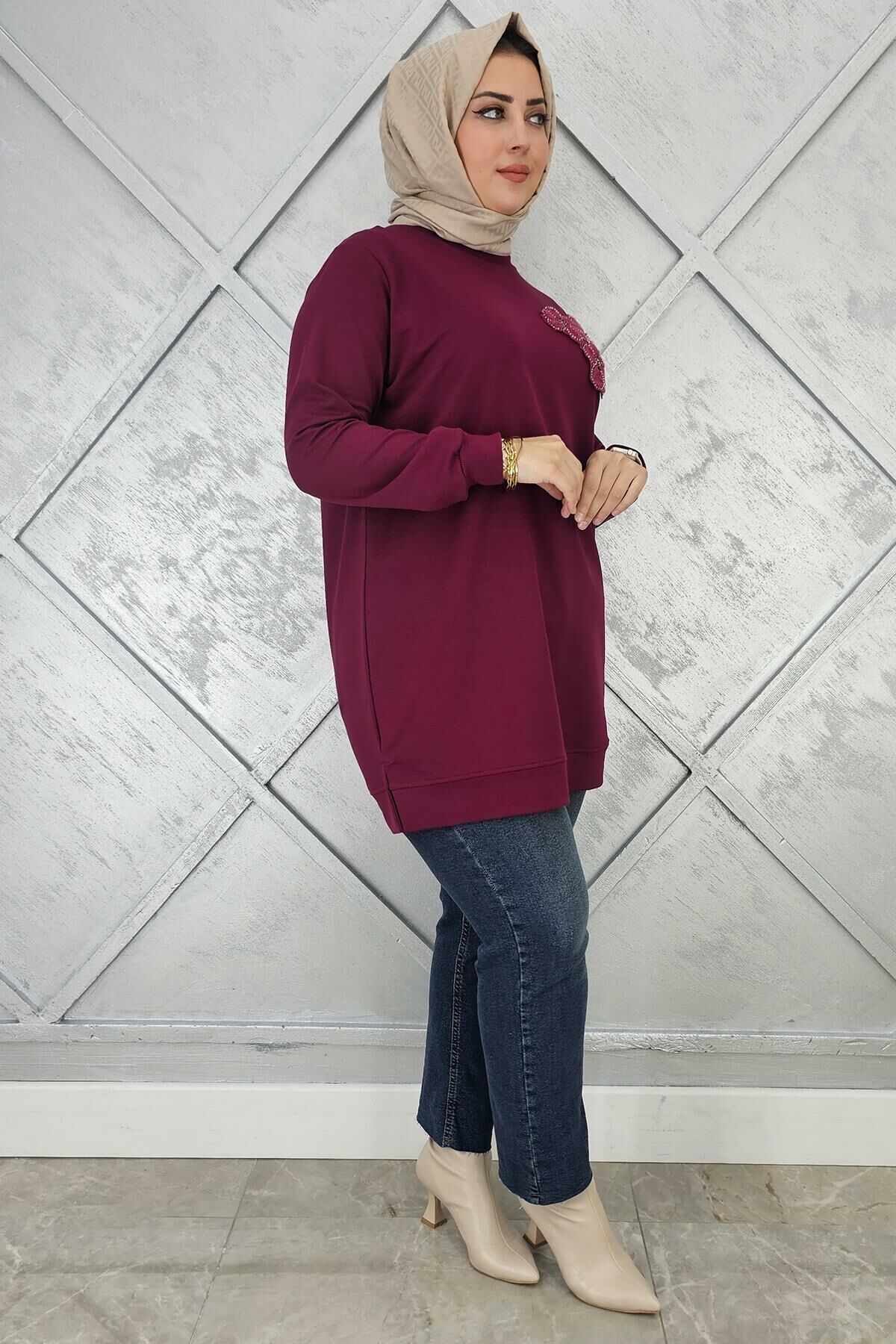 KADIN DİKME ÇİÇEK DETAYLI TESETTÜR TUNİK BORDO - 2XL