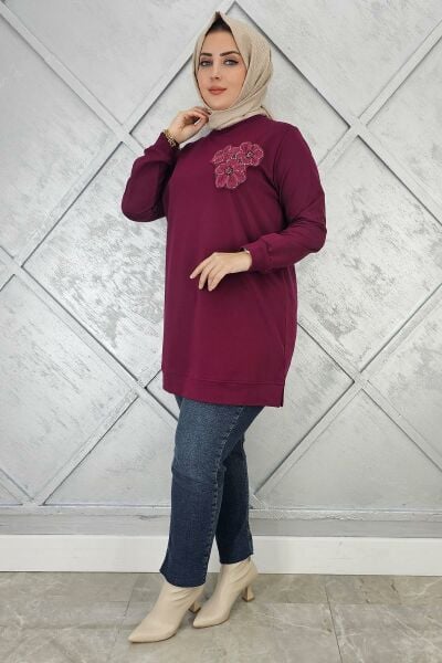 KADIN DİKME ÇİÇEK DETAYLI TESETTÜR TUNİK BORDO - 2XL