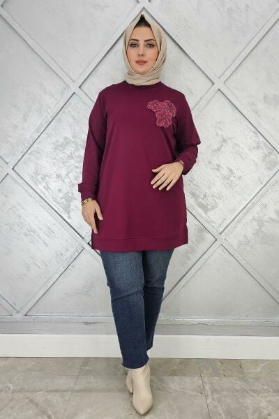 KADIN DİKME ÇİÇEK DETAYLI TESETTÜR TUNİK BORDO - 2XL