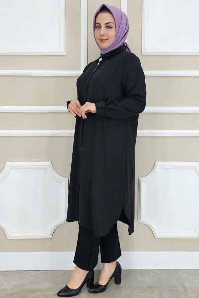 KADIN BROŞLU TESETTÜR GÖMLEK SİYAH - 2 BEDEN