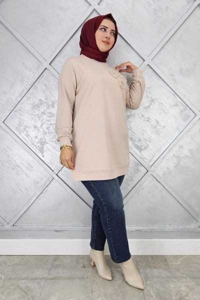 KADIN DİKME ÇİÇEK DETAYLI TESETTÜR TUNİK BEJ - 3XL