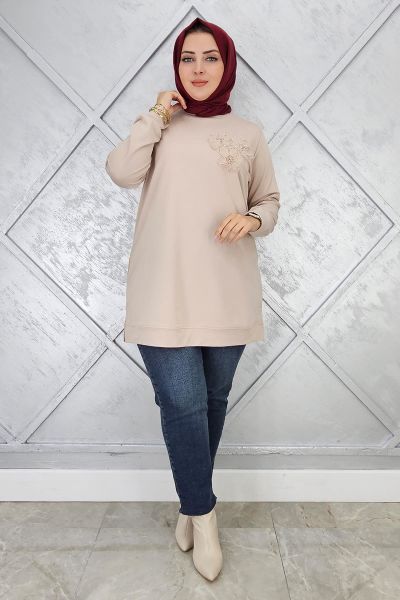 KADIN DİKME ÇİÇEK DETAYLI TESETTÜR TUNİK BEJ - 3XL