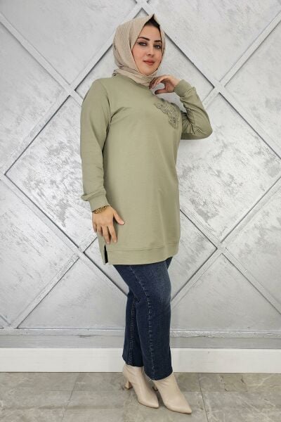 KADIN DİKME ÇİÇEK DETAYLI TESETTÜR TUNİK MİNT YEŞİLİ - 2XL