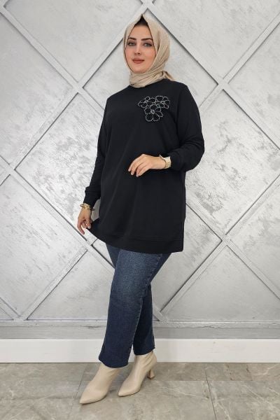 KADIN DİKME ÇİÇEK DETAYLI TESETTÜR TUNİK SİYAH - 3XL