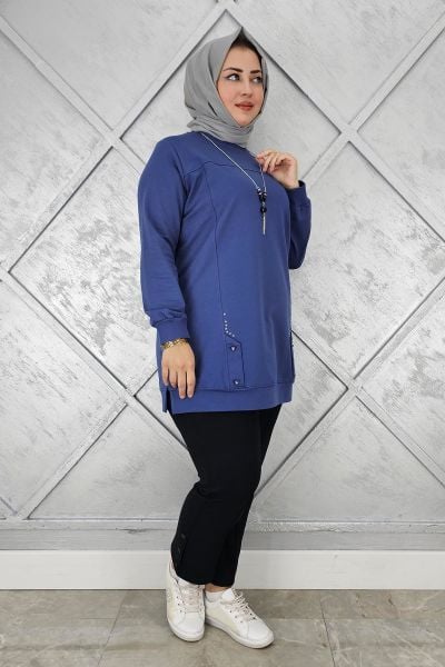 KADIN KOLYE DETAYLI TAŞLI TESETTÜR TUNİK İNDİGO - L
