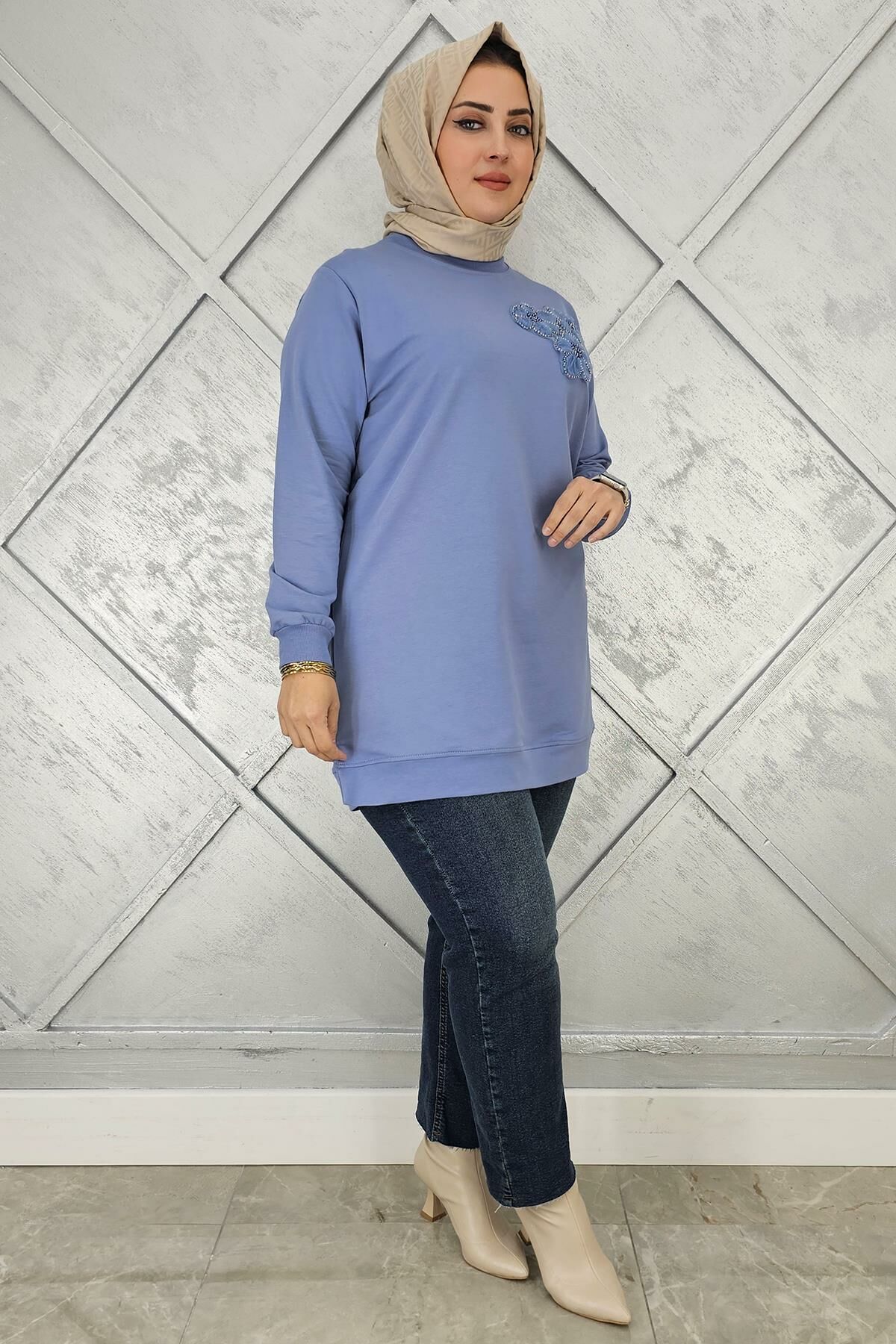 KADIN DİKME ÇİÇEK DETAYLI TESETTÜR TUNİK MAVİ - L