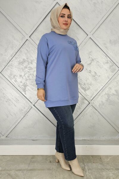 KADIN DİKME ÇİÇEK DETAYLI TESETTÜR TUNİK MAVİ - L