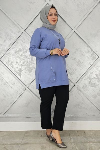 KADIN KOLYE DETAYLI TAŞLI TESETTÜR TUNİK MAVİ - XL