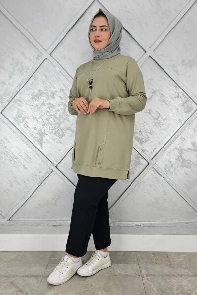 KADIN KOLYE DETAYLI TAŞLI TESETTÜR TUNİK MİNT YEŞİLİ - 3XL