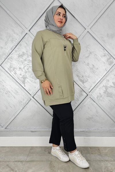 KADIN KOLYE DETAYLI TAŞLI TESETTÜR TUNİK MİNT YEŞİLİ - 3XL