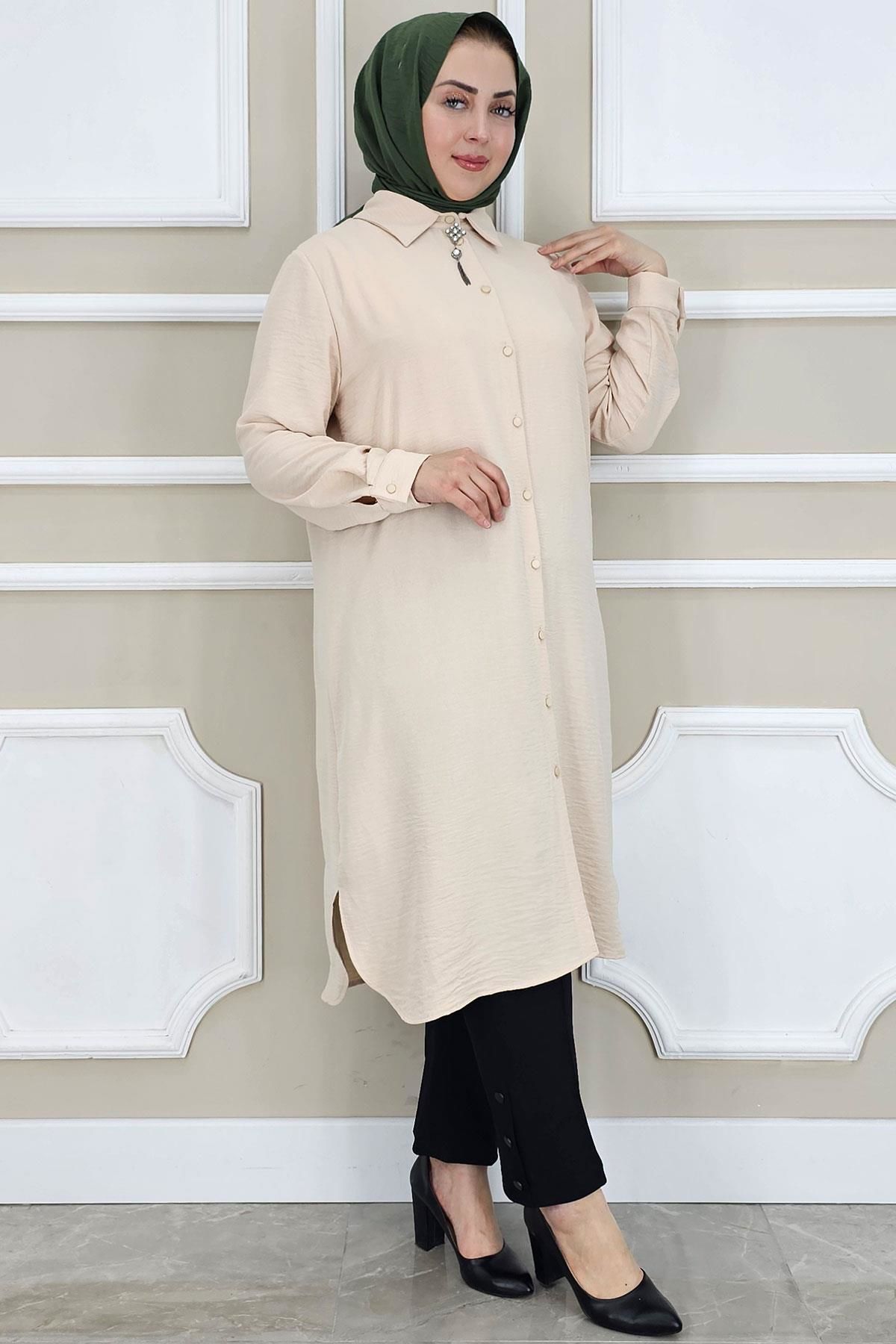 PYS KADIN BROŞLU TESETTÜR GÖMLEK TAŞ - 4 BEDEN