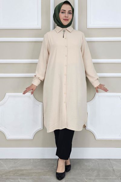 PYS KADIN BROŞLU TESETTÜR GÖMLEK TAŞ - 4 BEDEN