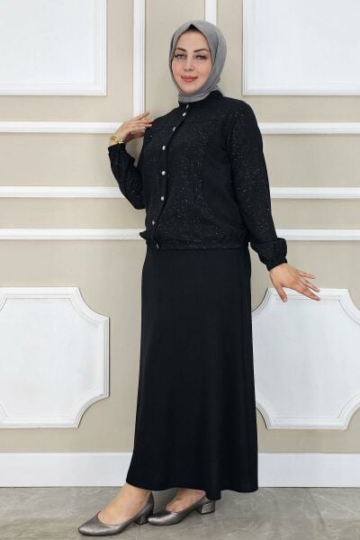 KADIN YAY DESENLİ TESETTÜR TAKIM SİYAH - 2 BEDEN