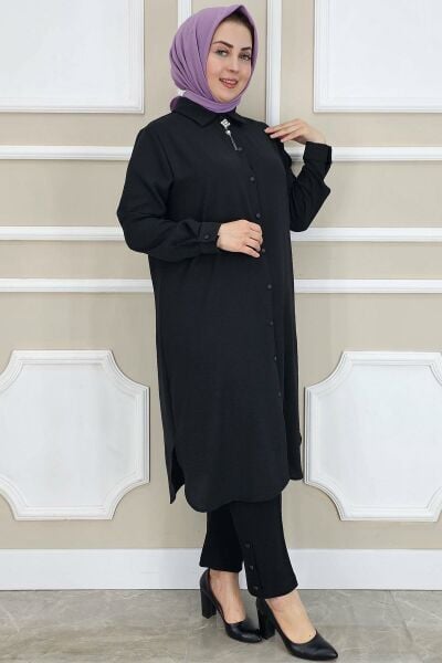 PYS KADIN BROŞLU TESETTÜR GÖMLEK SİYAH - 3 BEDEN