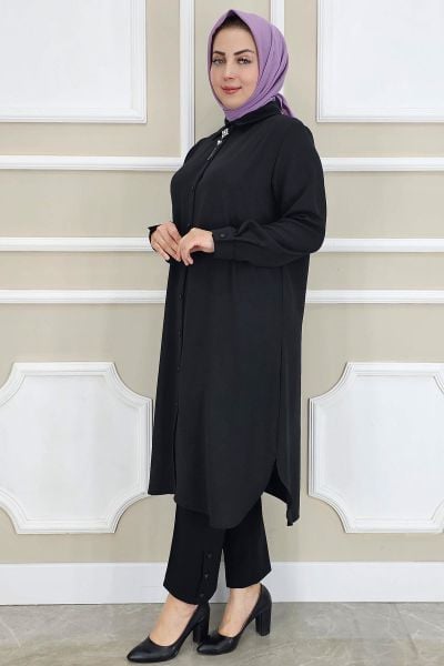 KADIN BROŞLU TESETTÜR GÖMLEK SİYAH - 4 BEDEN