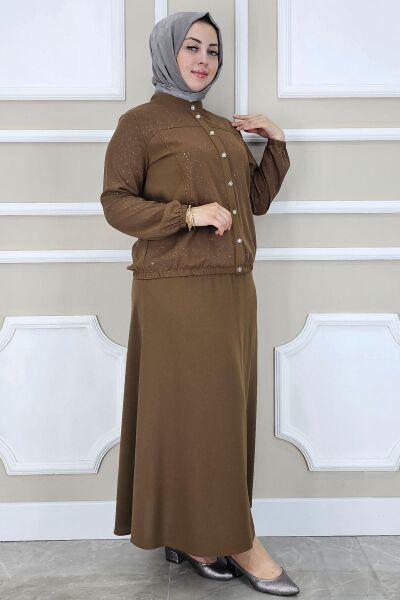 PYS KADIN YAY DESENLİ TESETTÜR TAKIM KAHVERENGİ - 2 BEDEN