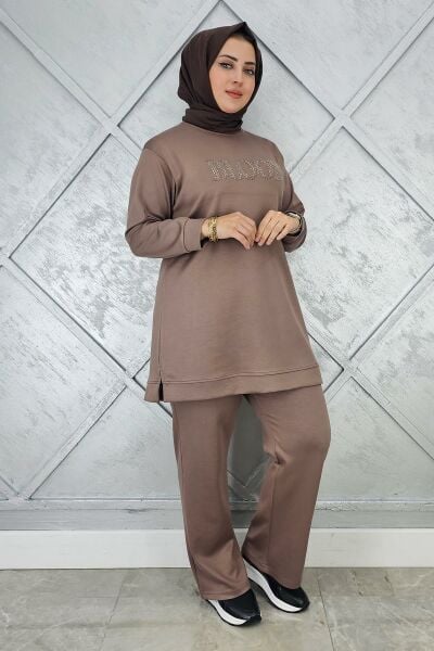 KADIN TAŞ BASKI DETAYLI TESETTÜR TAKIM VİZON - L