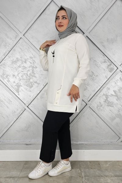 KADIN KOLYE DETAYLI TAŞLI TESETTÜR TUNİK EKRU - XL