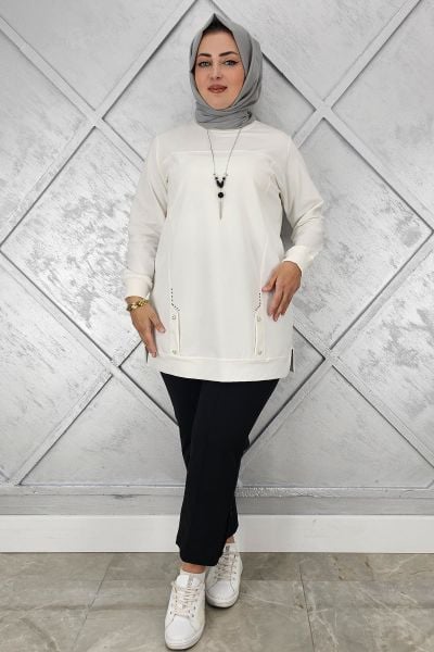 KADIN KOLYE DETAYLI TAŞLI TESETTÜR TUNİK EKRU - XL