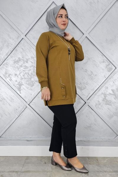 KADIN KOLYE DETAYLI TAŞLI TESETTÜR TUNİK YAĞ YEŞİLİ - 3XL