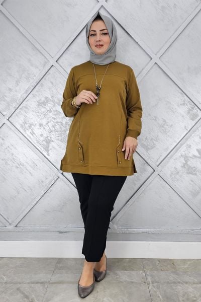 KADIN KOLYE DETAYLI TAŞLI TESETTÜR TUNİK YAĞ YEŞİLİ - 3XL