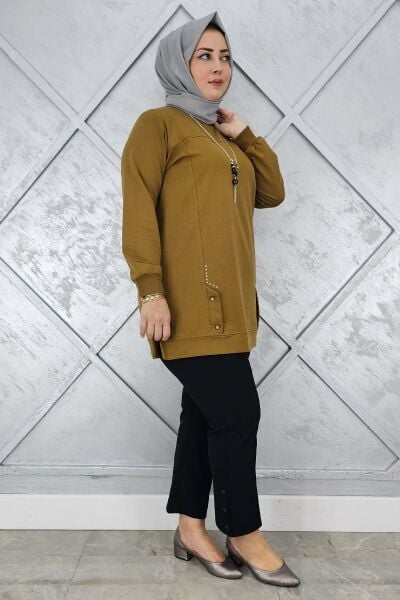 KADIN KOLYE DETAYLI TAŞLI TESETTÜR TUNİK YAĞ YEŞİLİ - XL