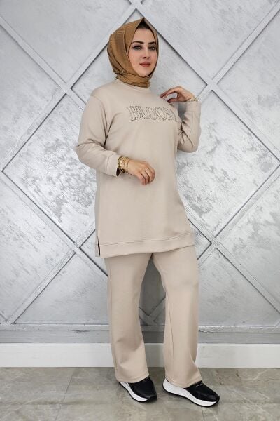 KADIN TAŞ BASKI DETAYLI TESETTÜR TAKIM TAŞ - L