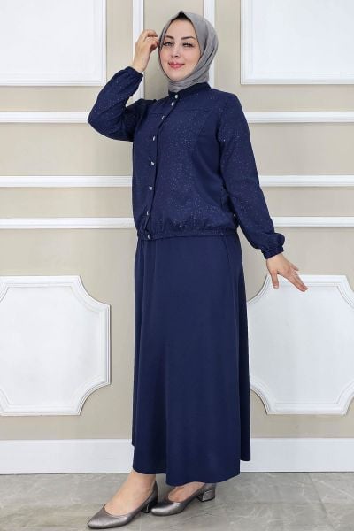 PYS KADIN YAY DESENLİ TESETTÜR TAKIM LACİVERT - 4 BEDEN