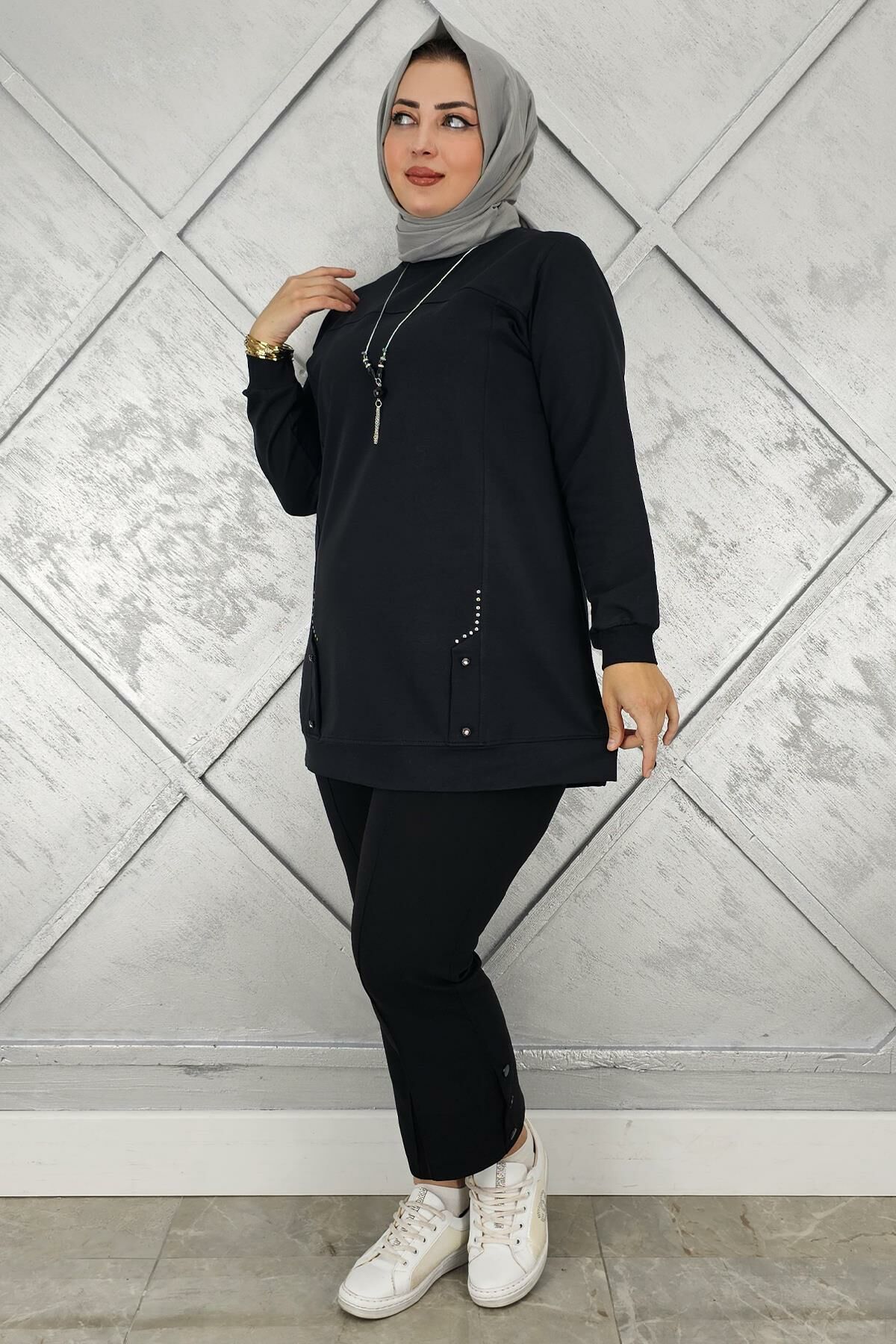 KADIN KOLYE DETAYLI TAŞLI TESETTÜR TUNİK SİYAH - 2XL