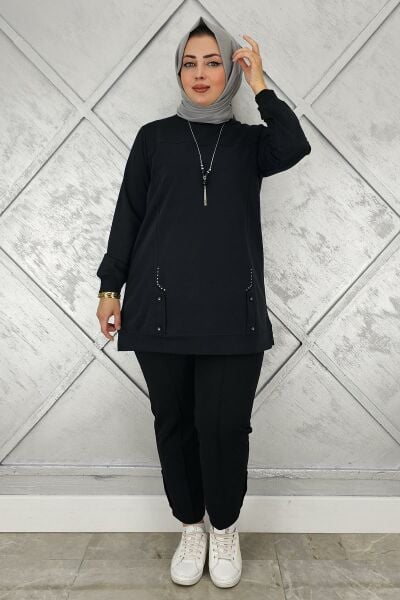 KADIN KOLYE DETAYLI TAŞLI TESETTÜR TUNİK SİYAH - 2XL