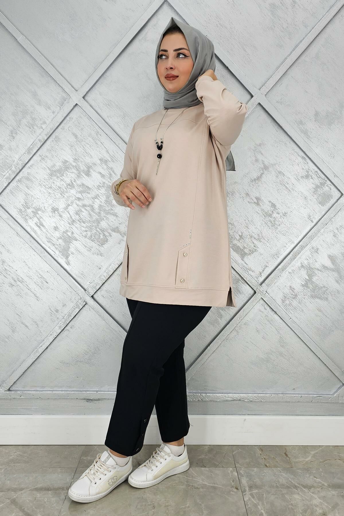 KADIN KOLYE DETAYLI TAŞLI TESETTÜR TUNİK BEJ - 2XL