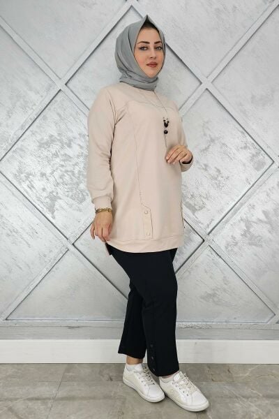 KADIN KOLYE DETAYLI TAŞLI TESETTÜR TUNİK BEJ - 2XL