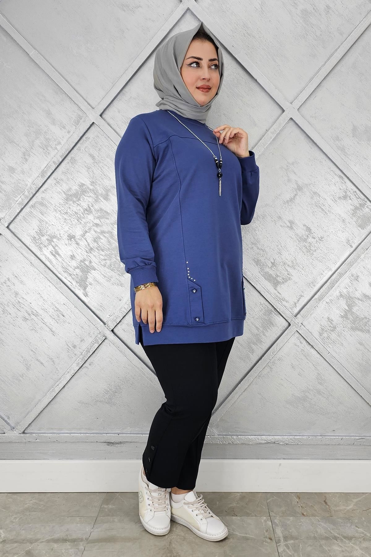 KADIN KOLYE DETAYLI TAŞLI TESETTÜR TUNİK İNDİGO - XL