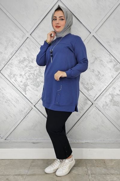 KADIN KOLYE DETAYLI TAŞLI TESETTÜR TUNİK İNDİGO - XL