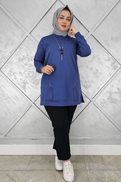 KADIN KOLYE DETAYLI TAŞLI TESETTÜR TUNİK İNDİGO - XL